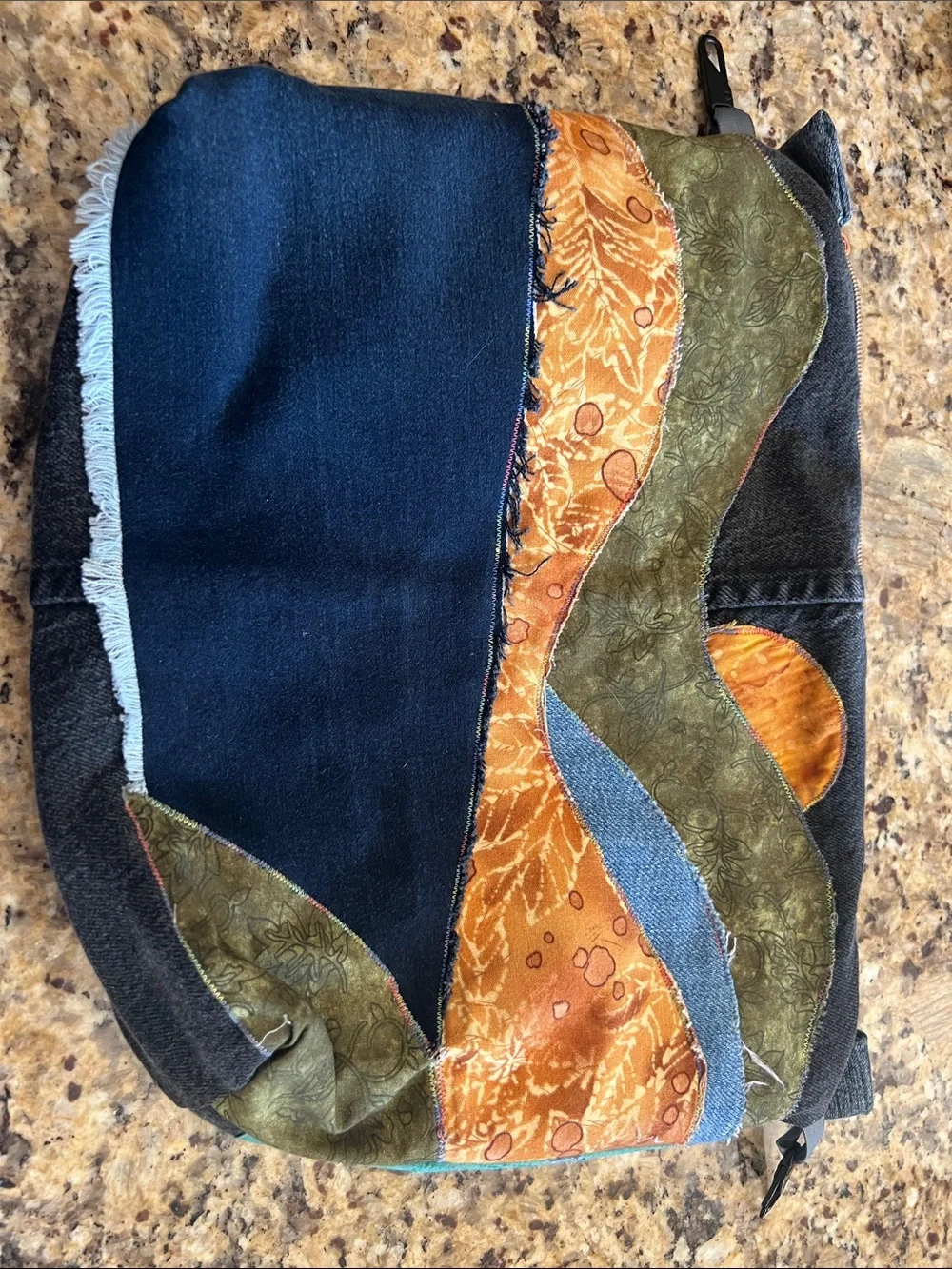 Hand Crafted Patchwork Cosmetic Bag - Blue, Orange & Olive repurposed jean bag